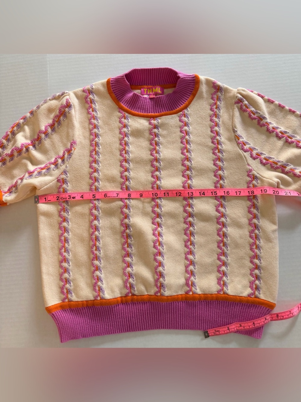 THML Multi-Pattern Short Sleeve Knit Sweater Cream with Pink and Orange Trim M - Picture 5 of 11